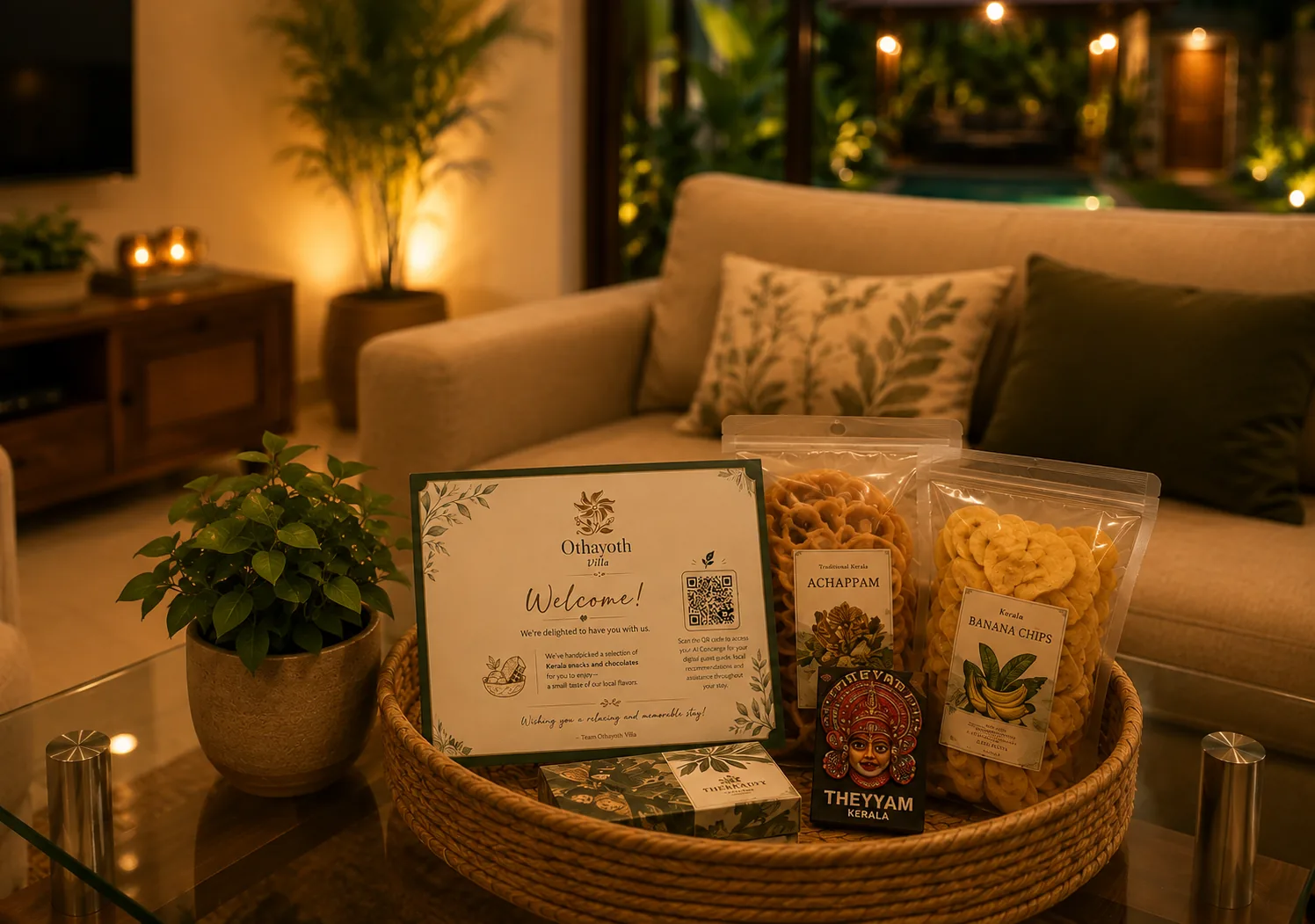 Welcome basket of Kerala snacks in the living room at Othayoth Villa, private pool villa in Kannur