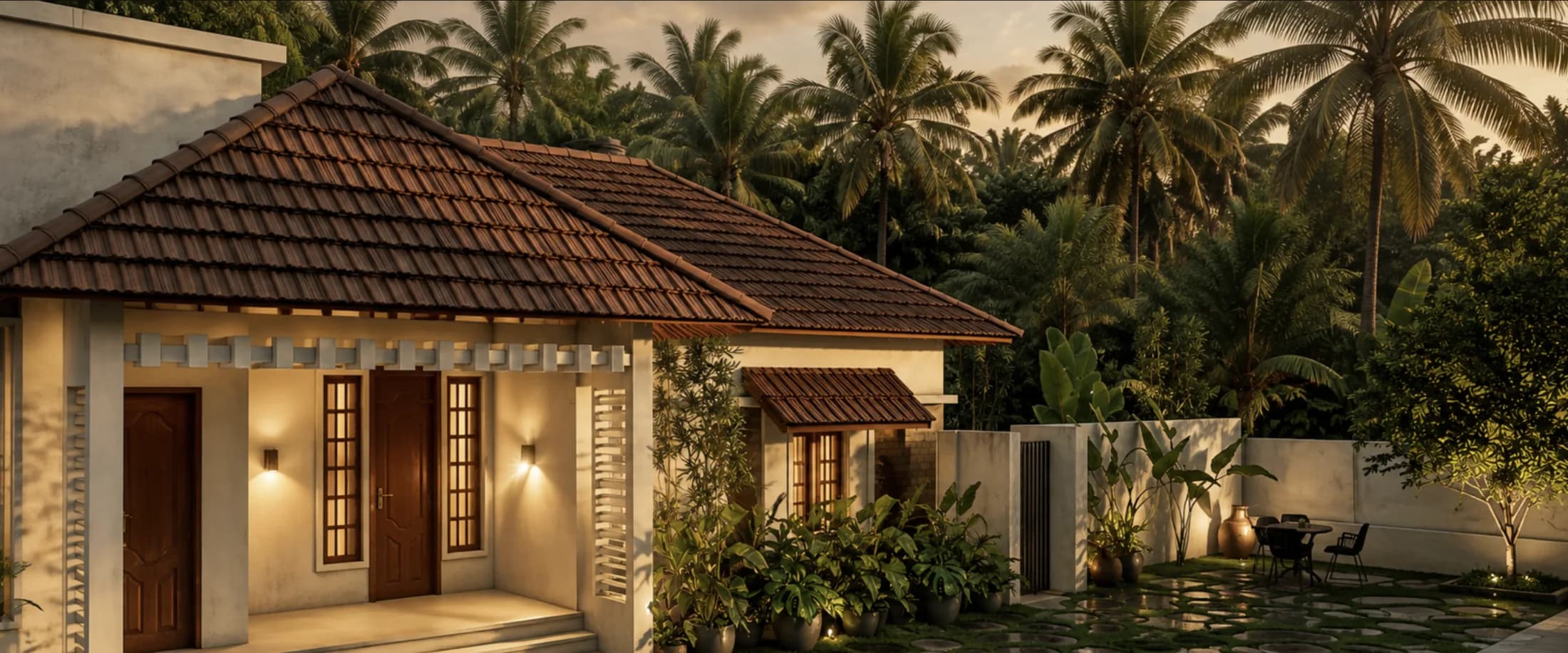 Othayoth Villa exterior at dusk framed by coconut palms, private pool villa in Kannur, Kerala