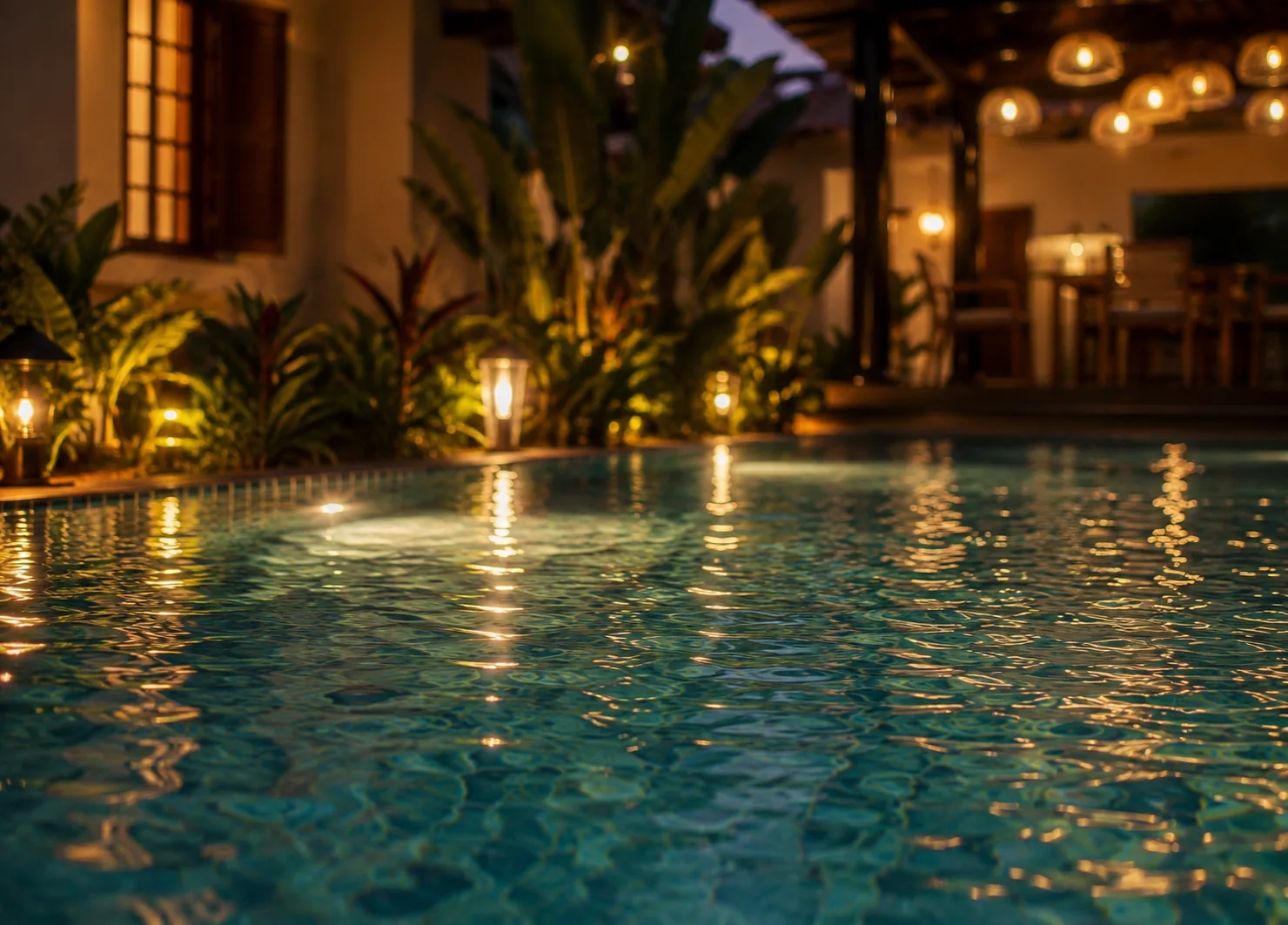 Close-up of the private pool at dusk with lantern reflections at Othayoth Villa, Kannur
