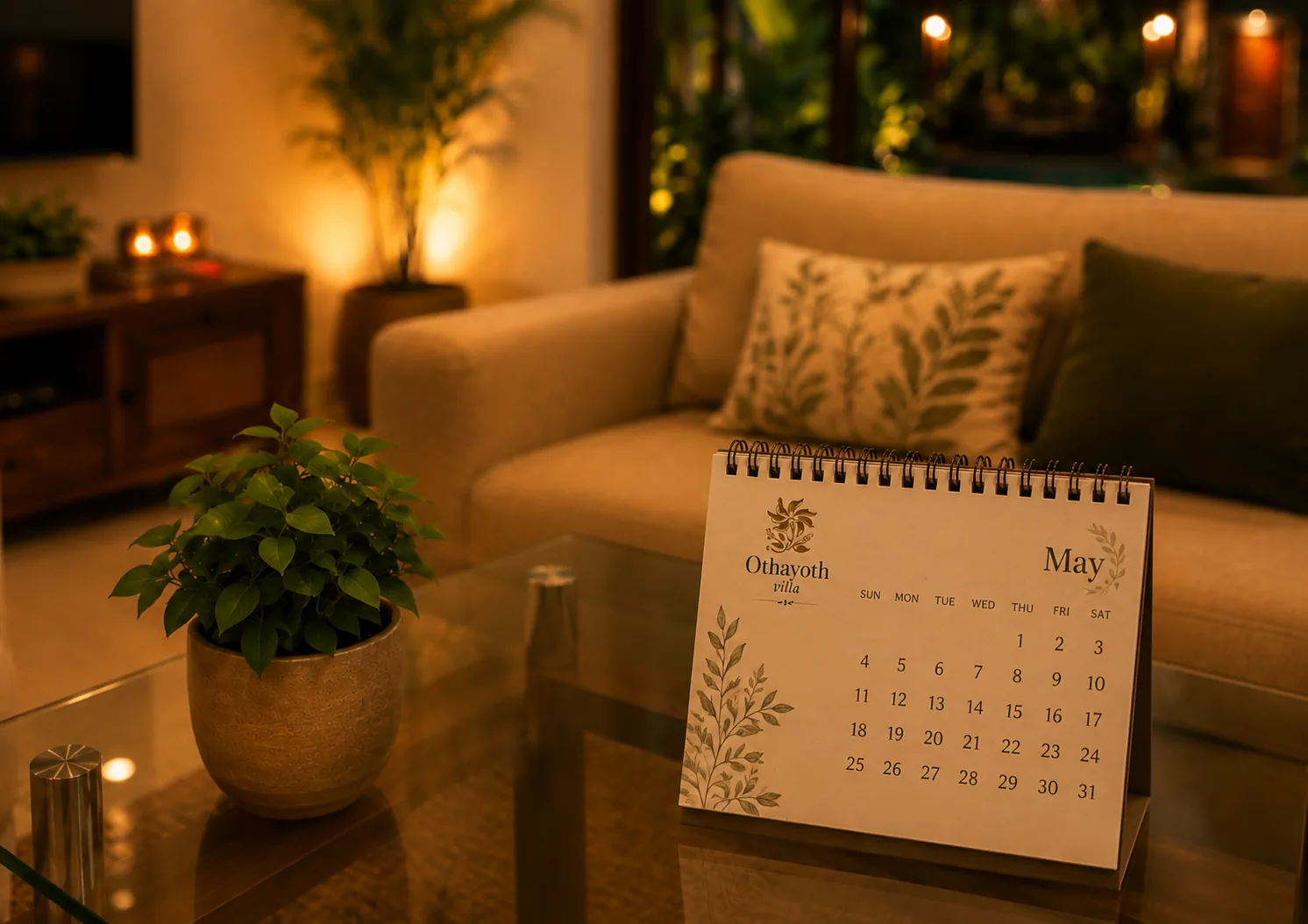 An Othayoth Villa branded calendar on the coffee table, pool visible through the glass doors beyond