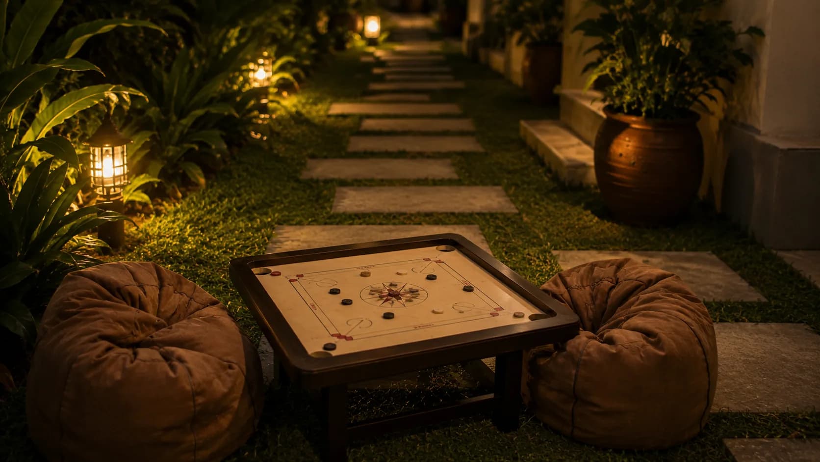 A carrom board and beanbags set along the lantern-lit garden path at Othayoth Villa, Kannur