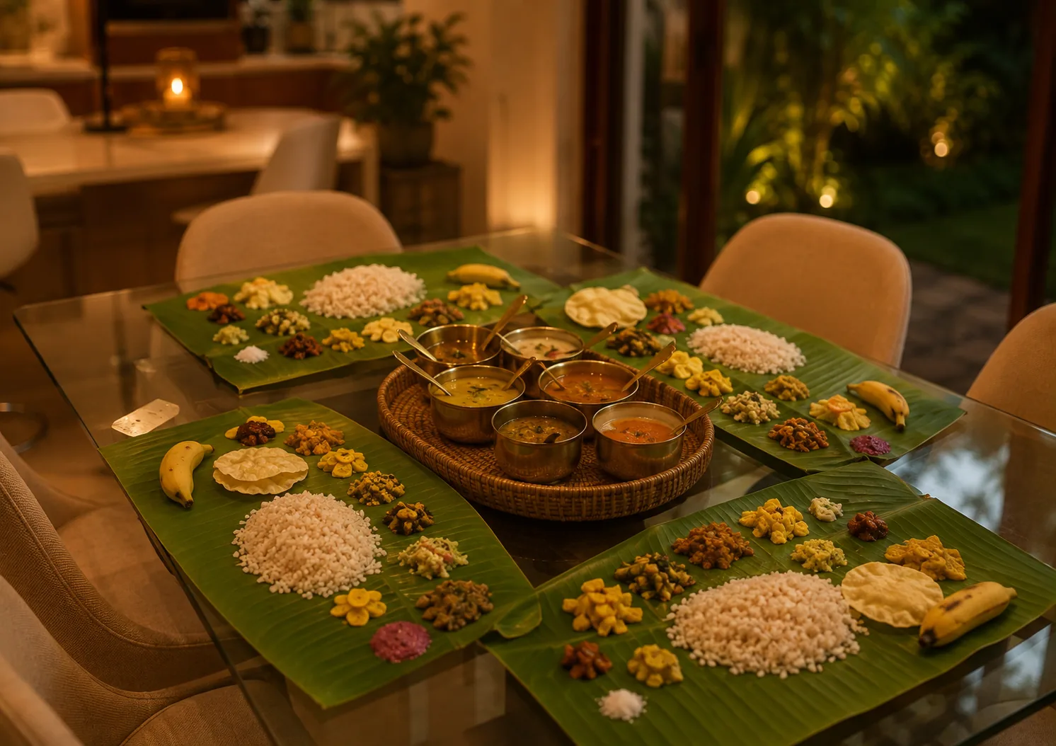 Traditional Kerala sadya laid on banana leaves at Othayoth Villa, Kannur