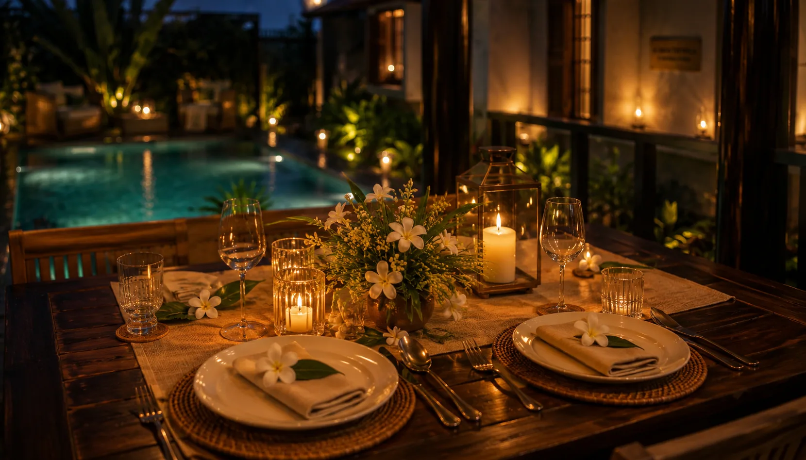 Candlelight table set poolside for a private dinner at Othayoth Villa, Kannur