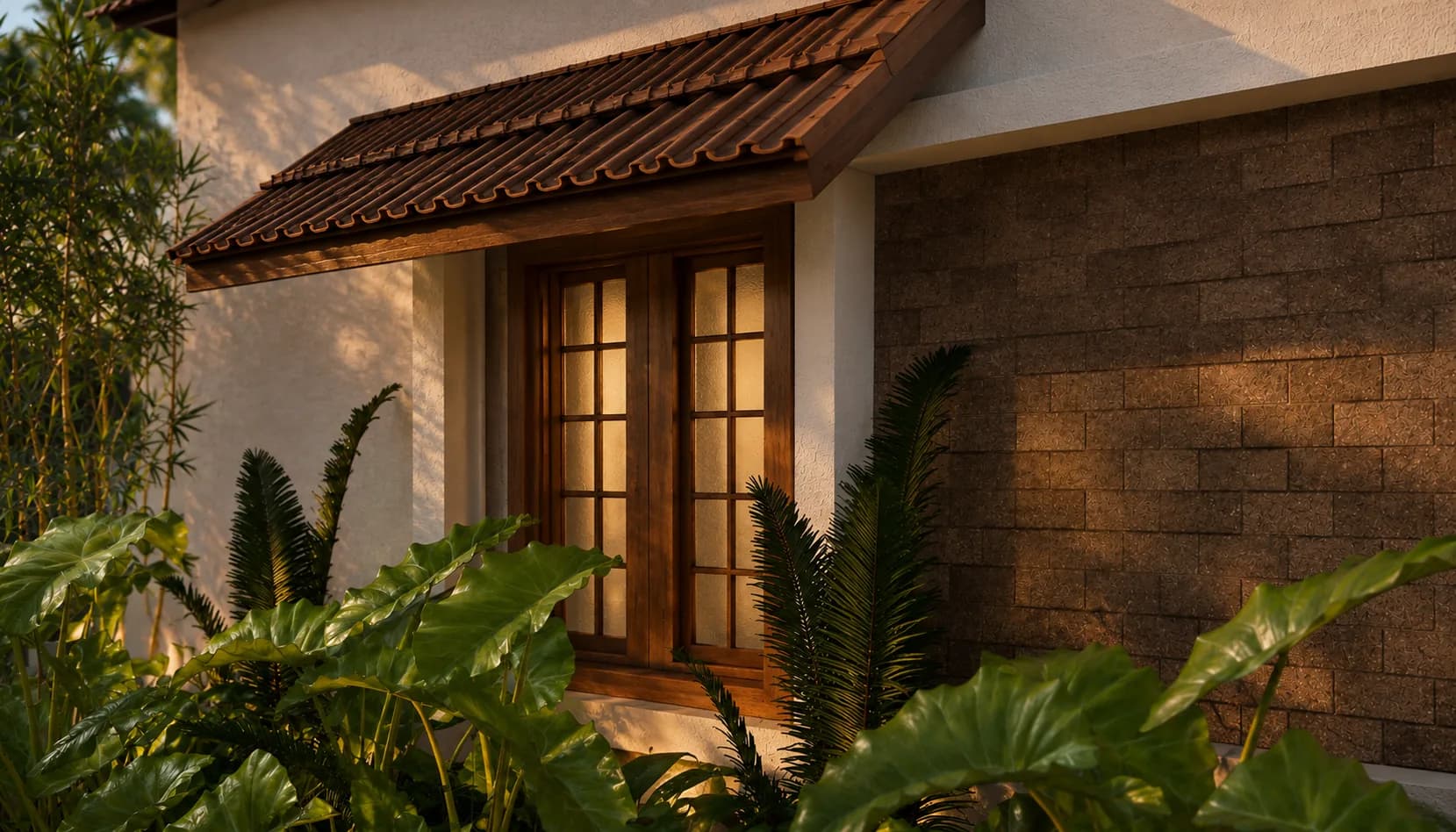 Wooden window and tiled awning detail at Othayoth Villa, private pool villa in Kannur, Kerala