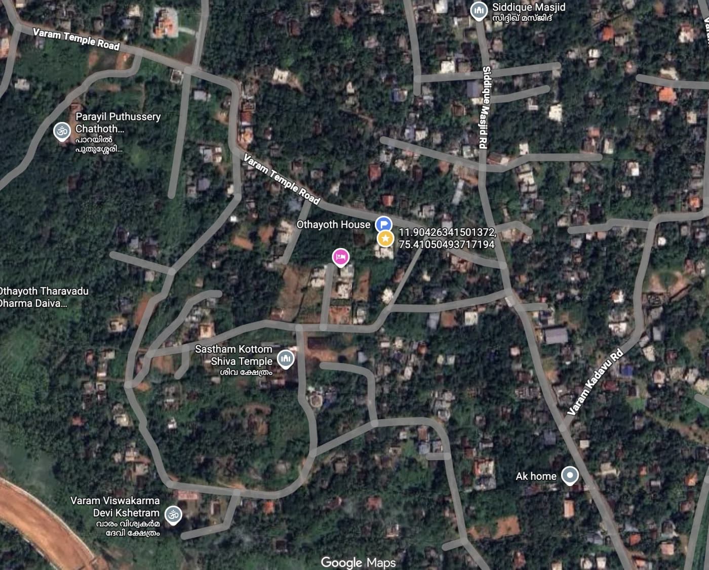 Satellite map showing Othayoth House in Varam, near Kannur, Kerala