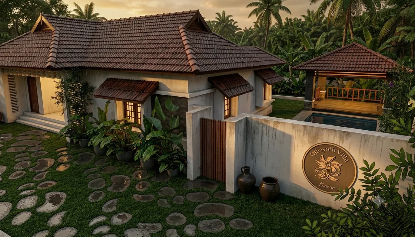 Othayoth Villa private pool villa in Kannur, Kerala, tiled roofline and pool lit at dusk