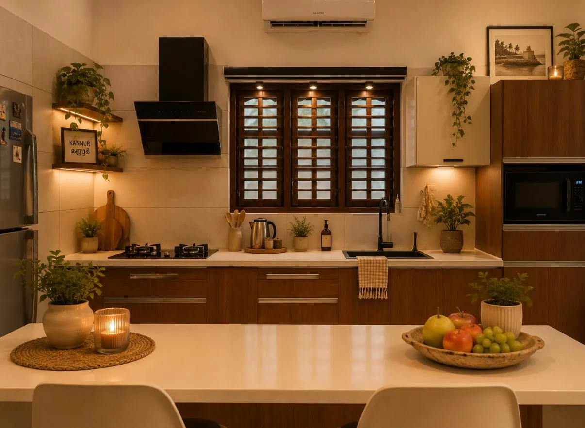 Fully equipped modern kitchen at Othayoth private villa in Kannur, Kerala