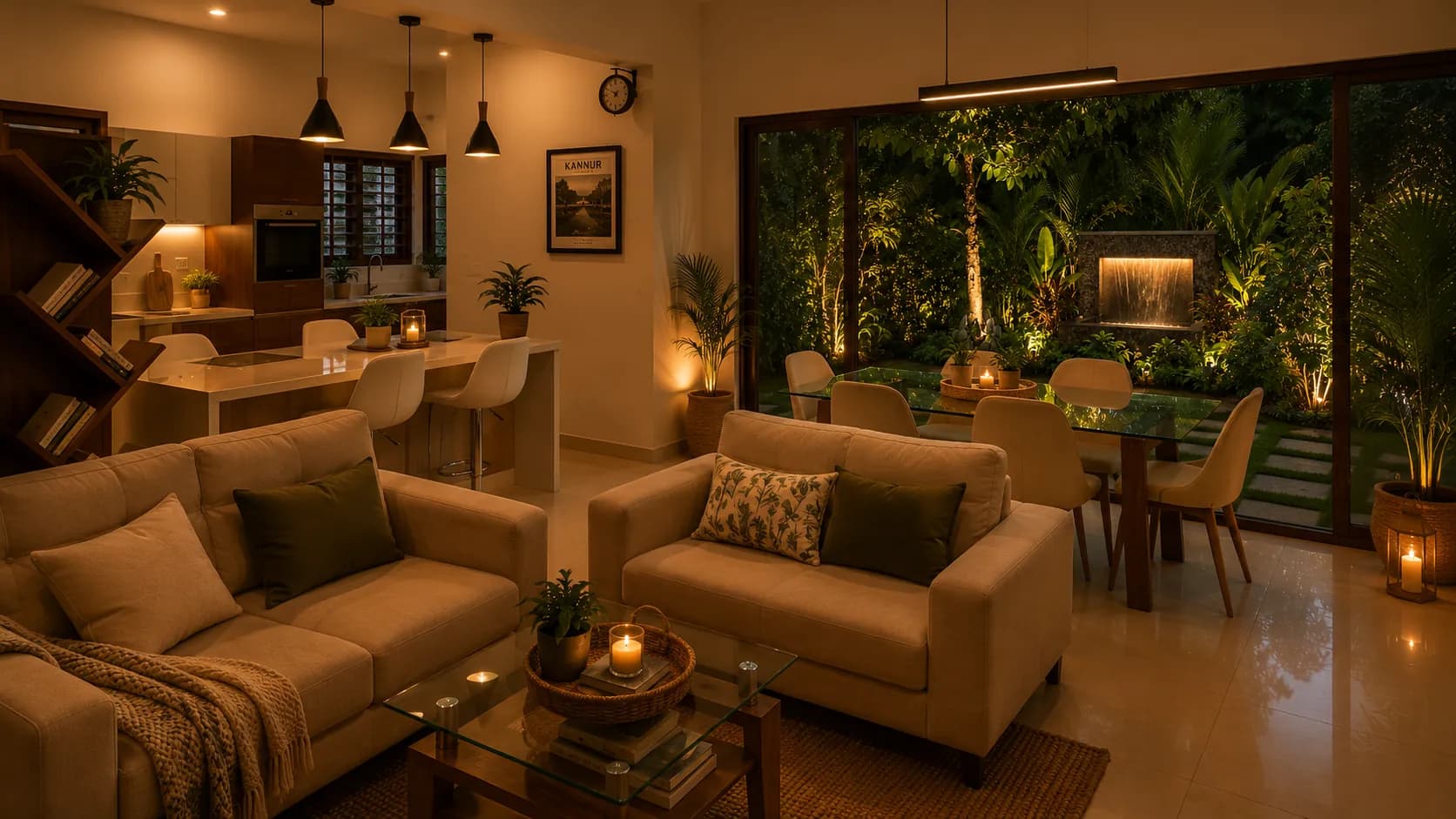 Open living and dining area opening to the garden at Othayoth Villa, Kannur