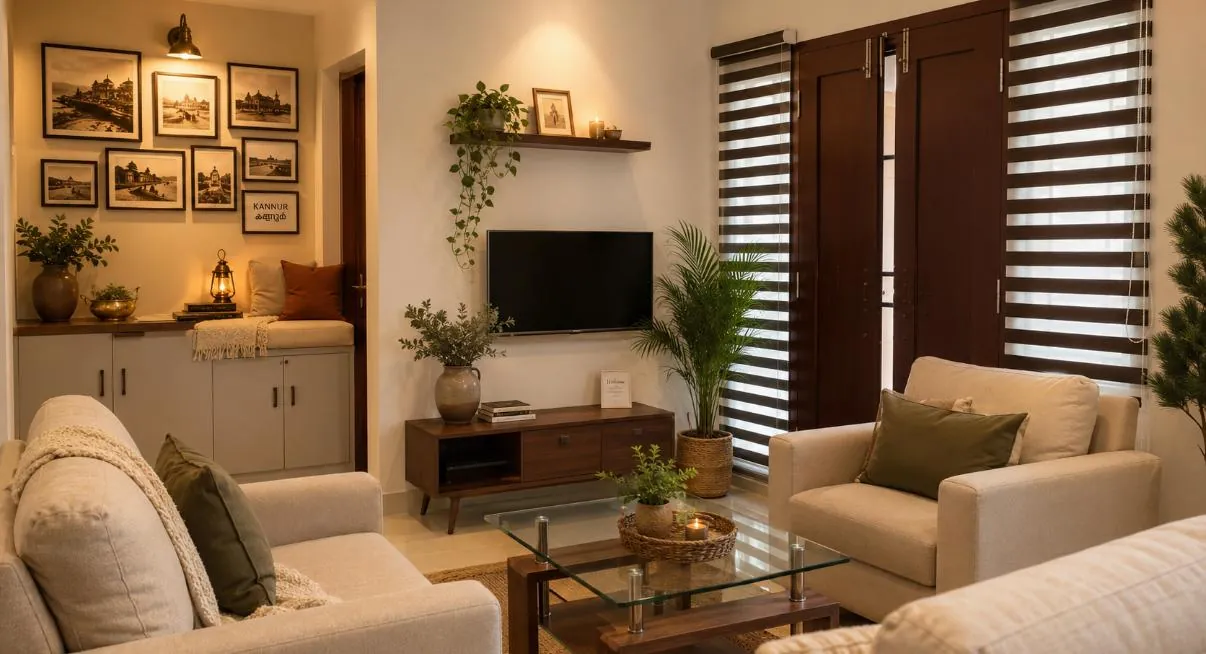 Living room with sofas and smart TV at the luxury villa in Kannur, Kerala