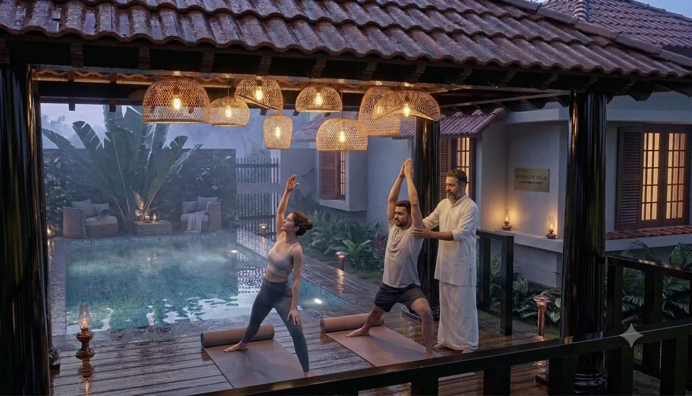 Yoga on the private pool deck at dusk at Othayoth pool villa, Kannur, Kerala